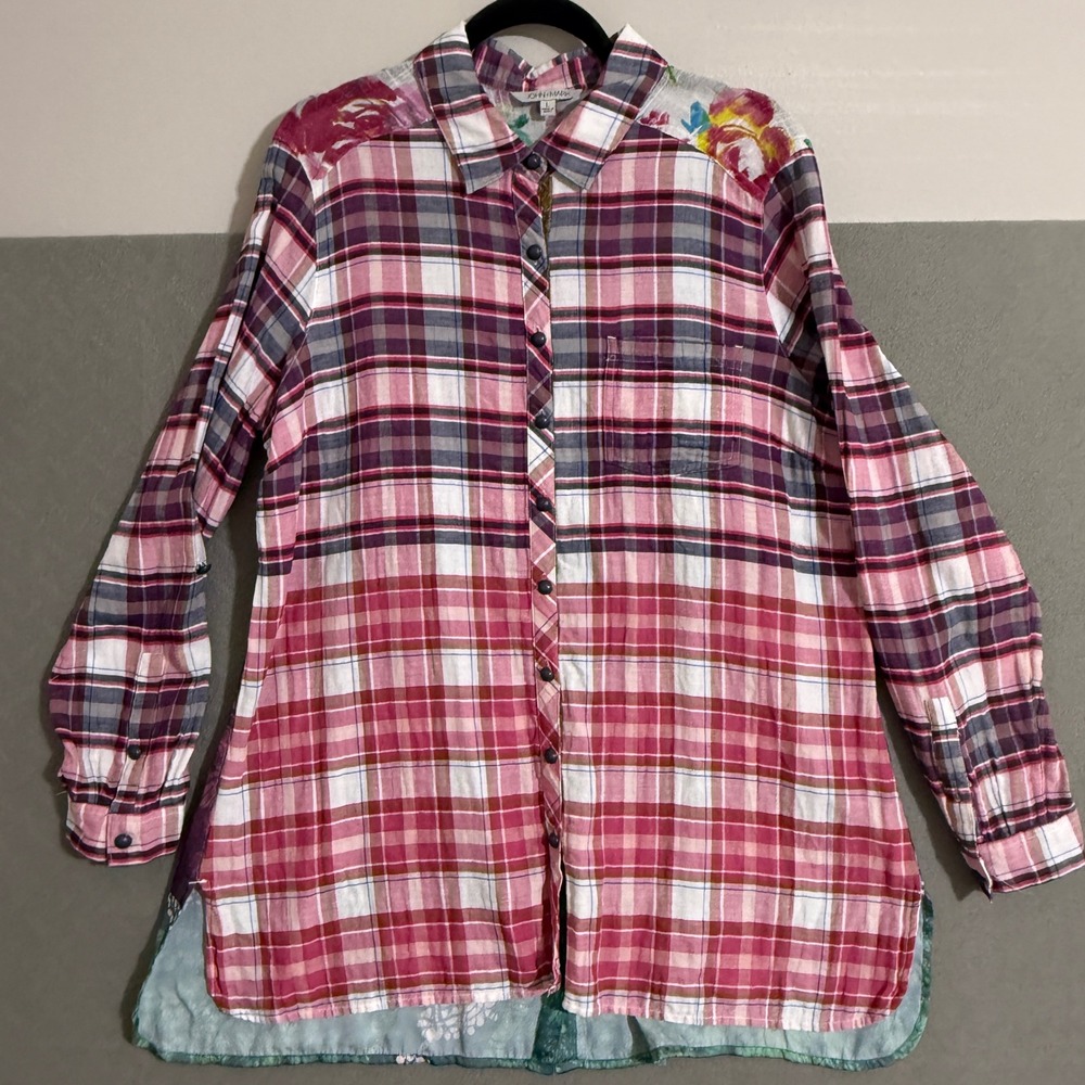 Womens Plaid Floral Mixed Media Patchwork Button Down Tunic L Shabby Chic‎ boho